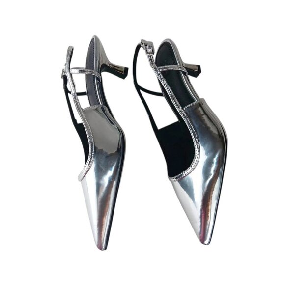 Asos Design Women's Wide Fit Stroll Slingback Kitten Heel Shoes in Silver size 5 - Picture 2 of 12